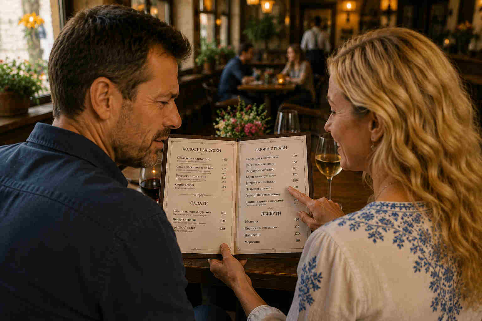 American man looks confused while a Ukrainian woman points to an item on a Ukrainian-language restaurant menu and explains it to him.