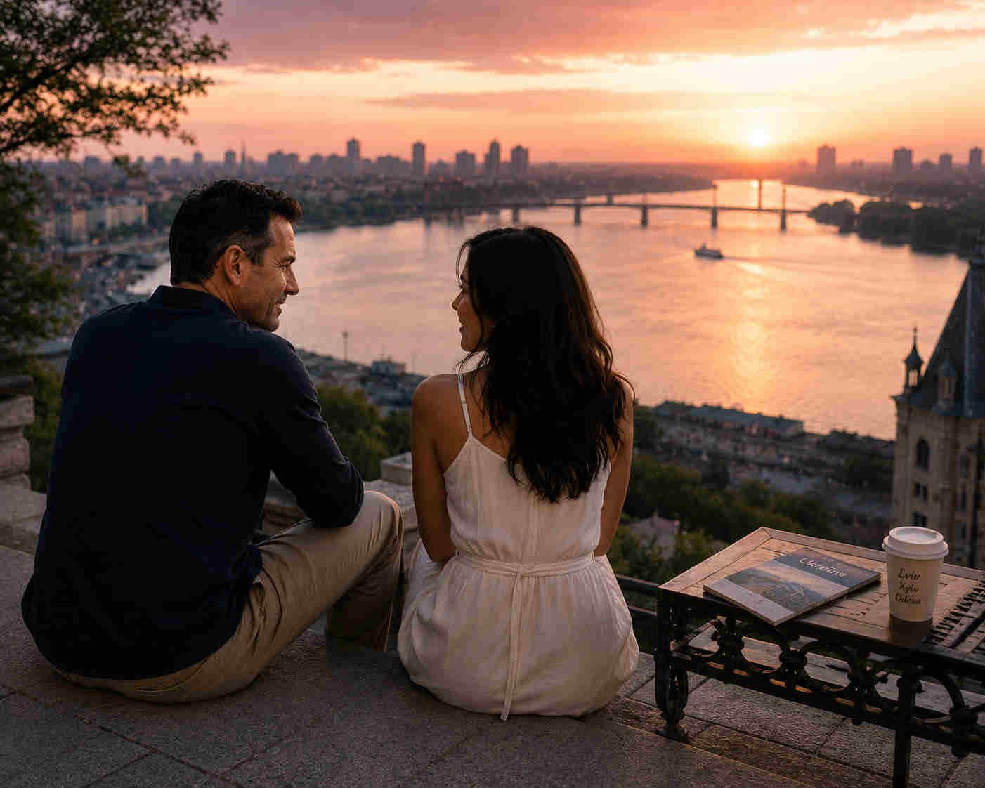 Couple overlooking the Dnipro River and Kyiv skyline at sunset