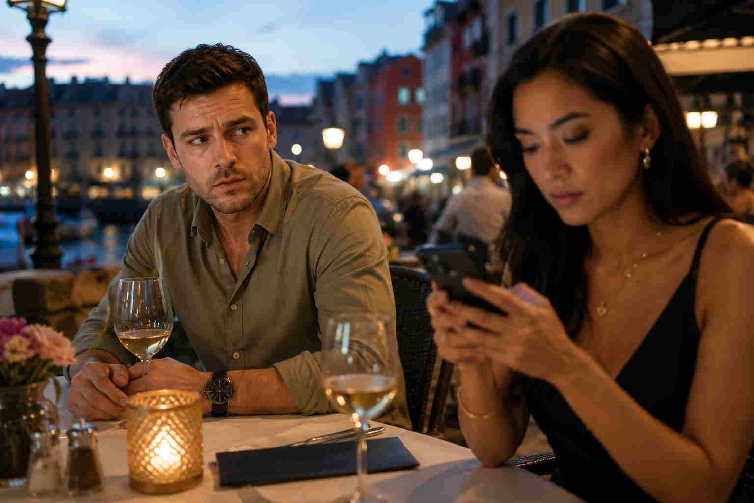 Divorced man noticing that an overseas date feels emotionally distant in person