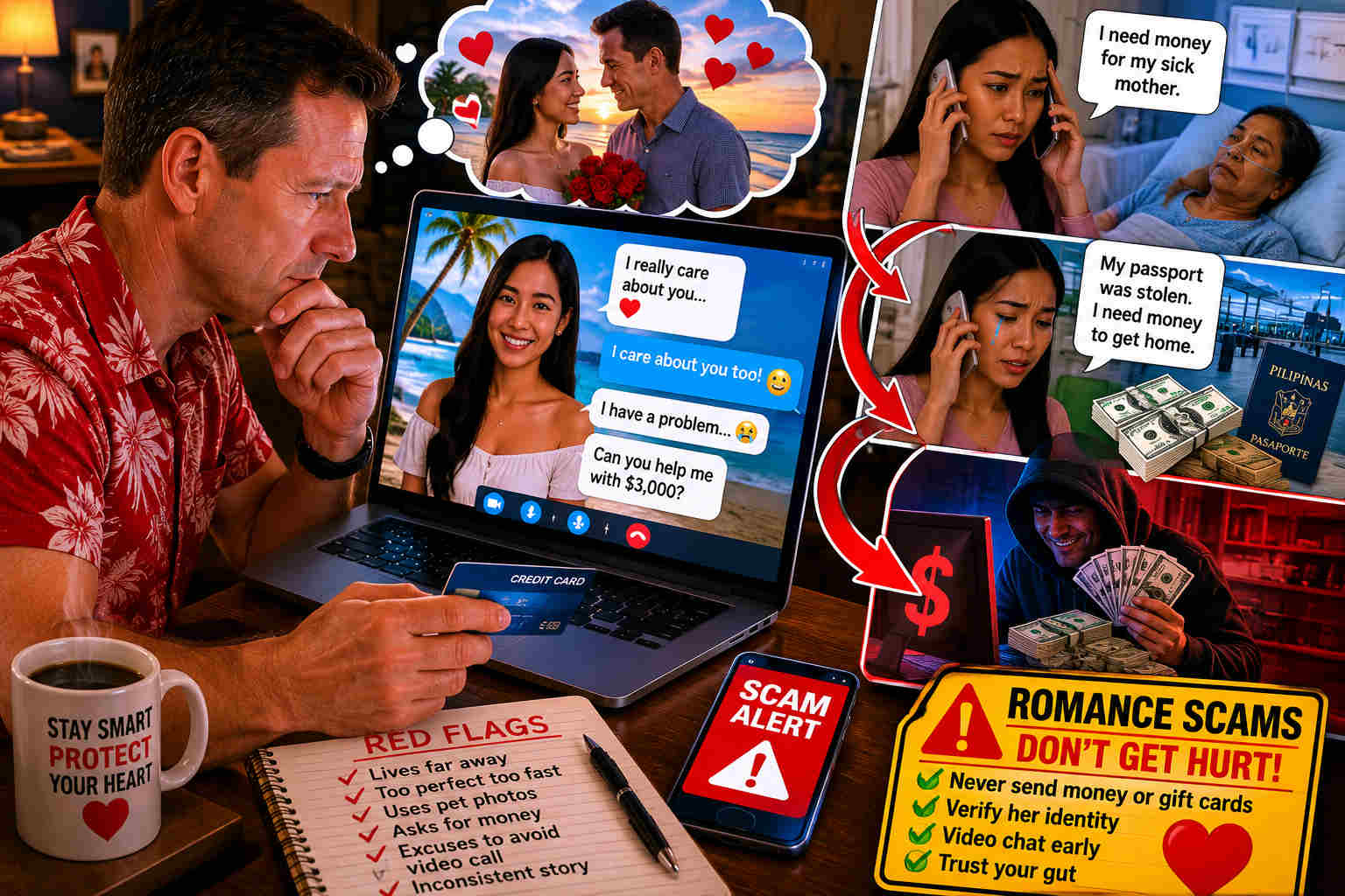American man reviewing a suspicious online dating money request and scam warning signs