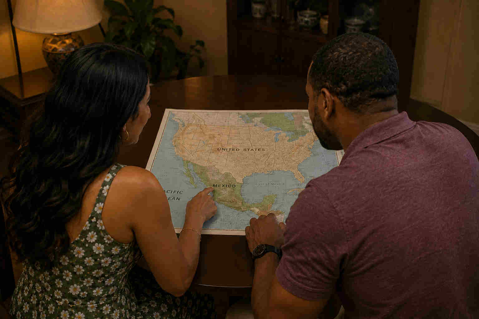 African American man and Mexican woman looking over a map of Mexico and the United States while discussing where to live