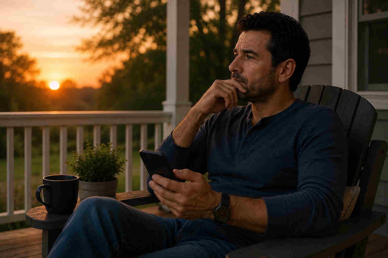 Man sitting alone on back porch at sunset thinking carefully with phone in hand