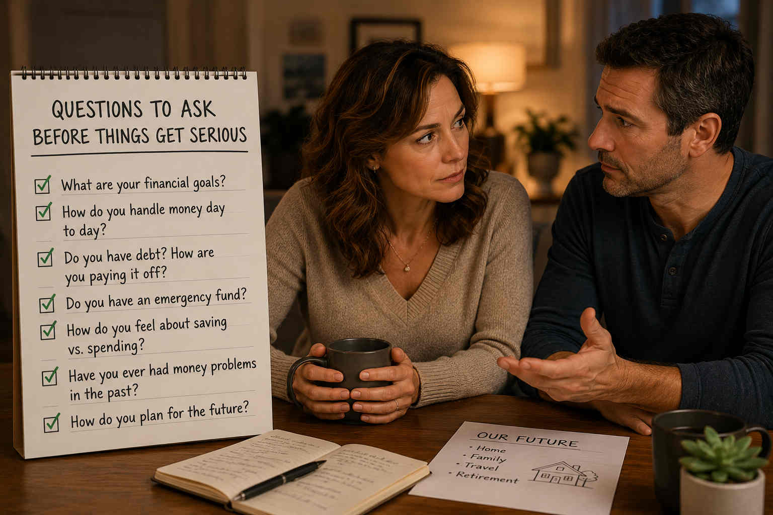Couple discussing financial questions before getting serious