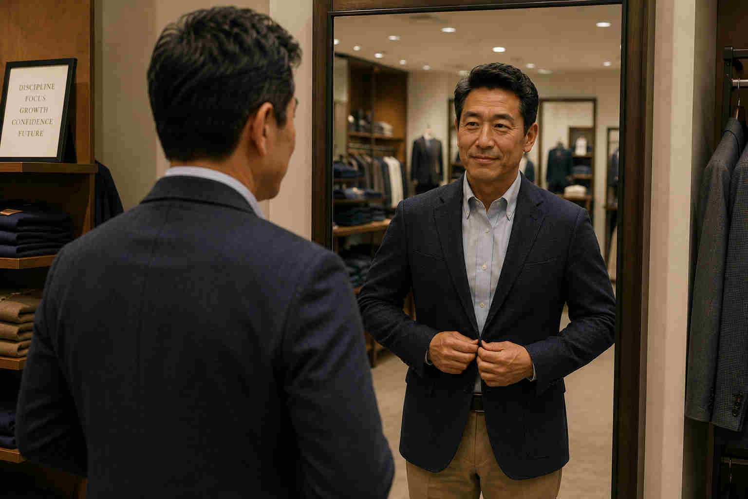 Asian man in his 50s trying on a sport coat in a department store mirror after divorce
