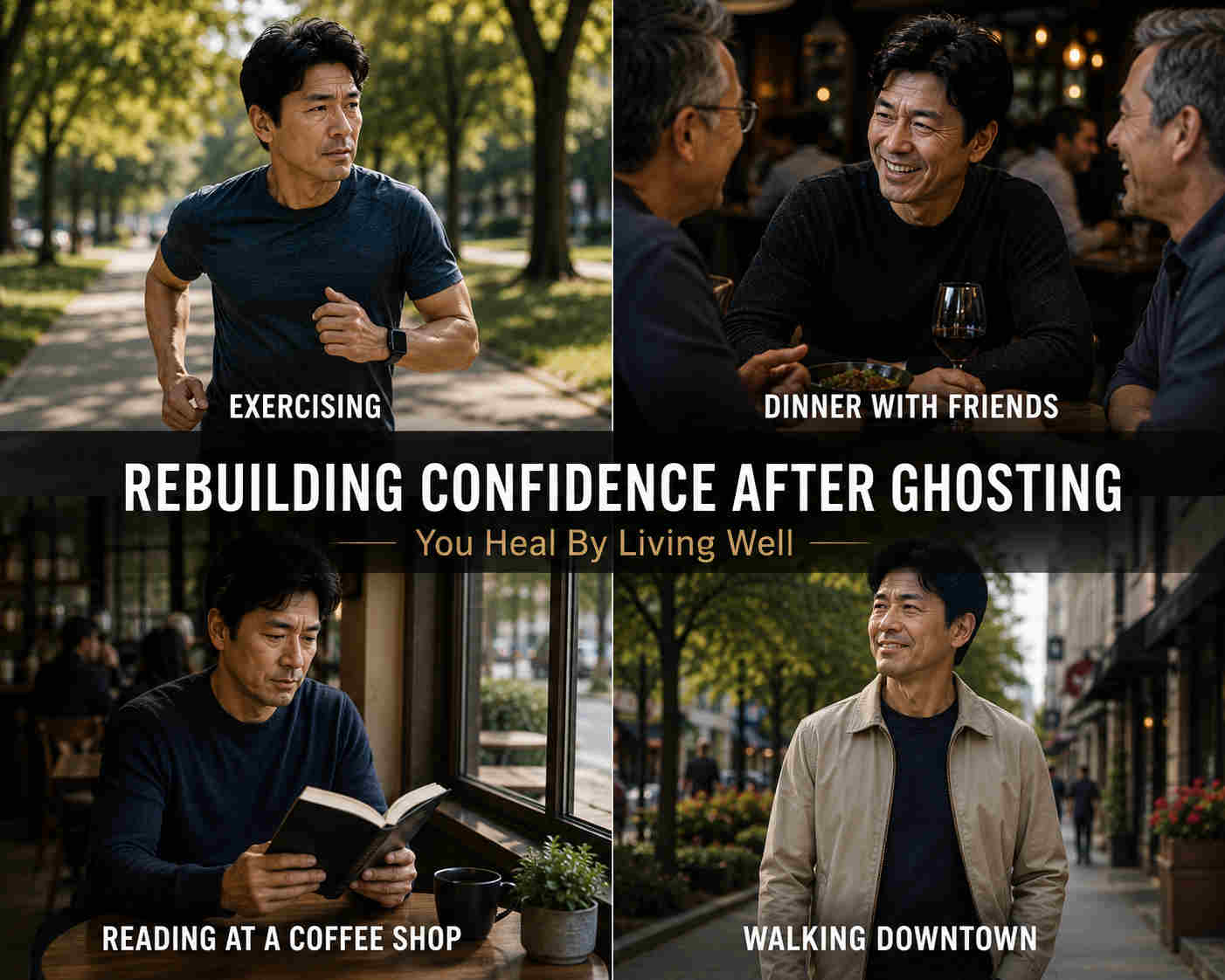 Four panel collage of Asian divorced man exercising, seeing friends, reading, and walking downtown after being ghosted