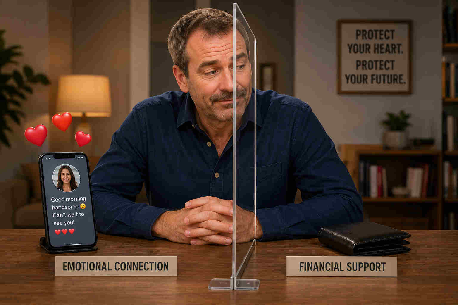 Man separating emotional connection from financial support before meeting someone from online dating