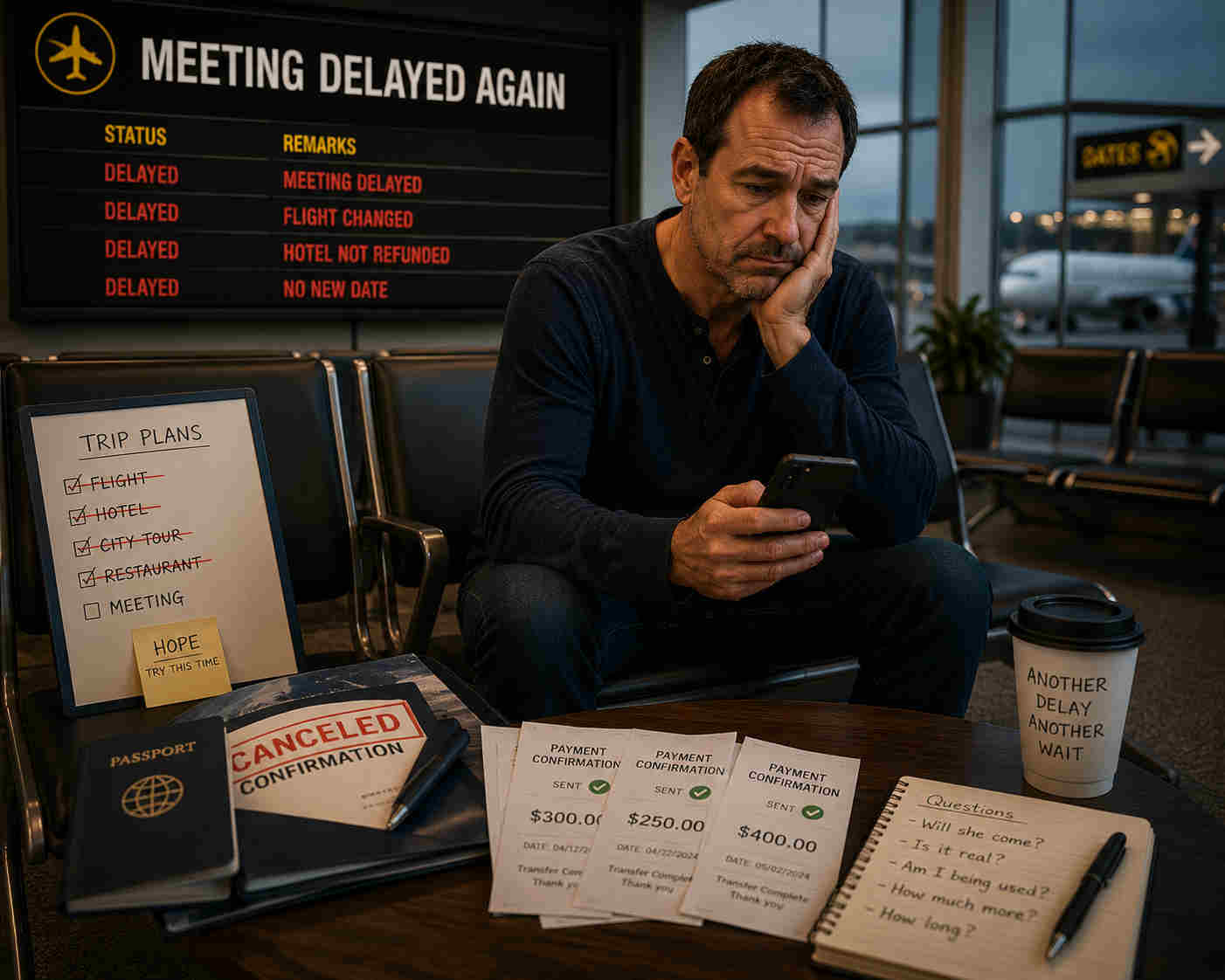 Man waiting in an airport beneath a board that says Meeting Delayed Again
