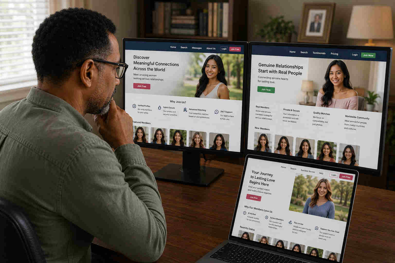 Man comparing several international dating websites on multiple screens before choosing one