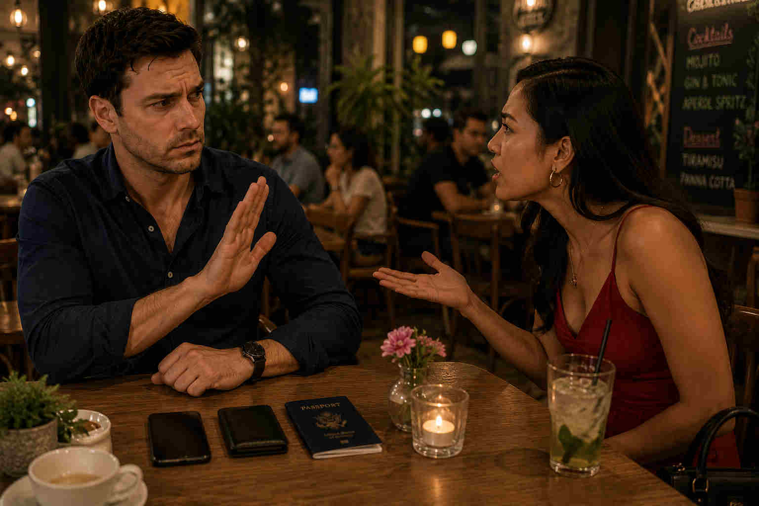 Man calmly saying no and maintaining his boundaries during an overseas date