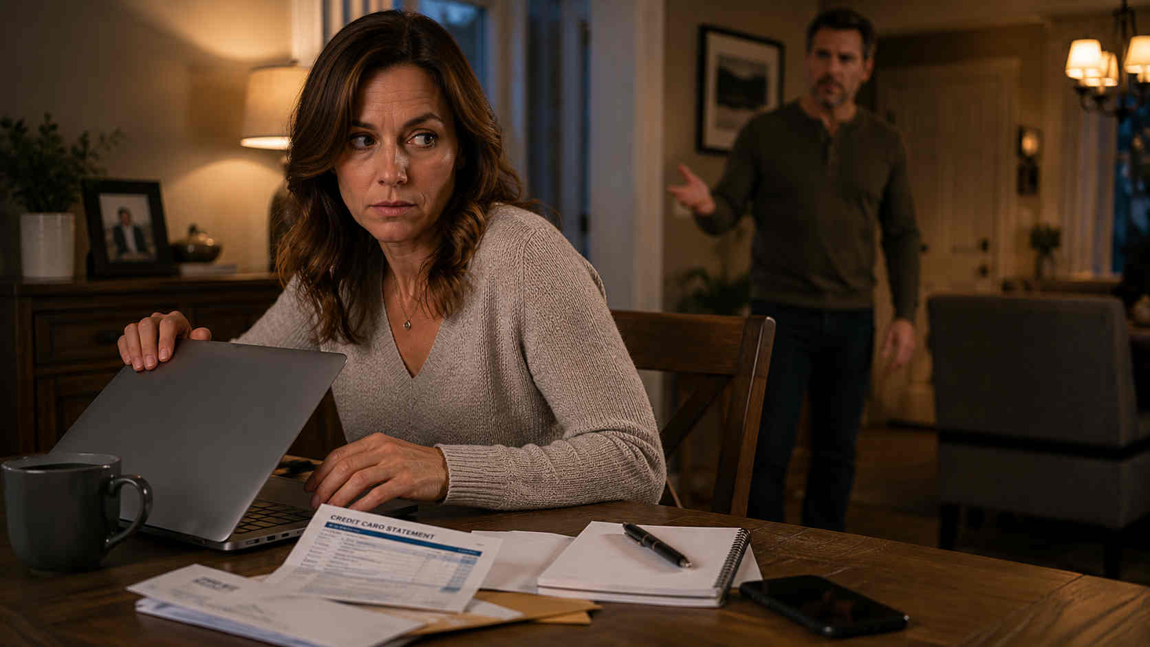 Woman quickly closing a laptop while her partner enters the room