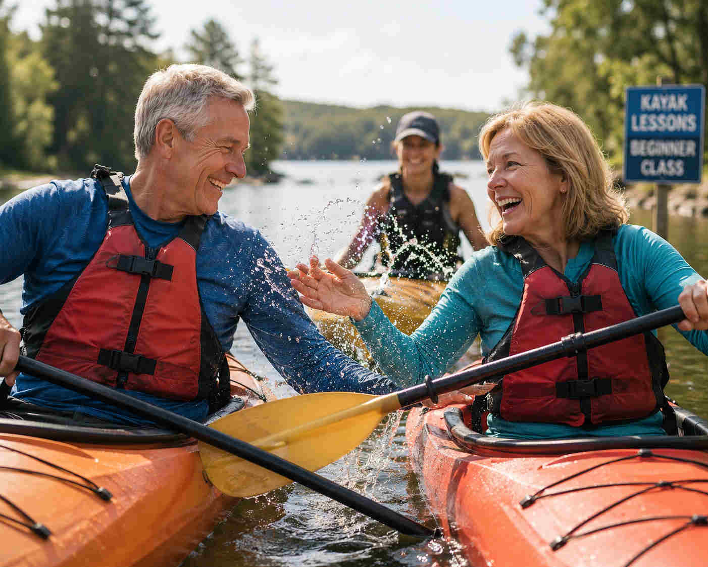 Older couple laughing during a beginner kayaking lesson after divorce at 60