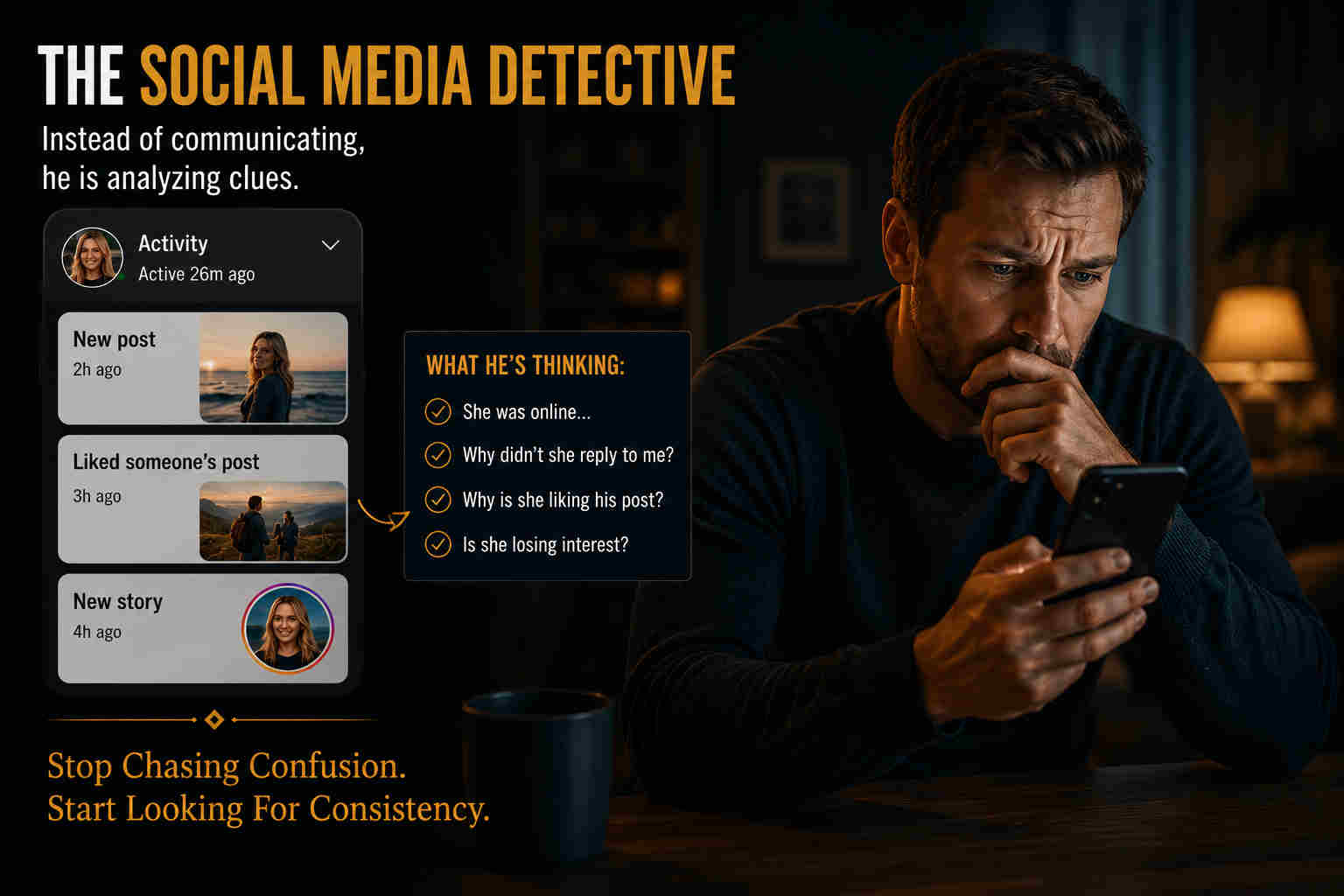 A man checking social media and overanalyzing relationship clues