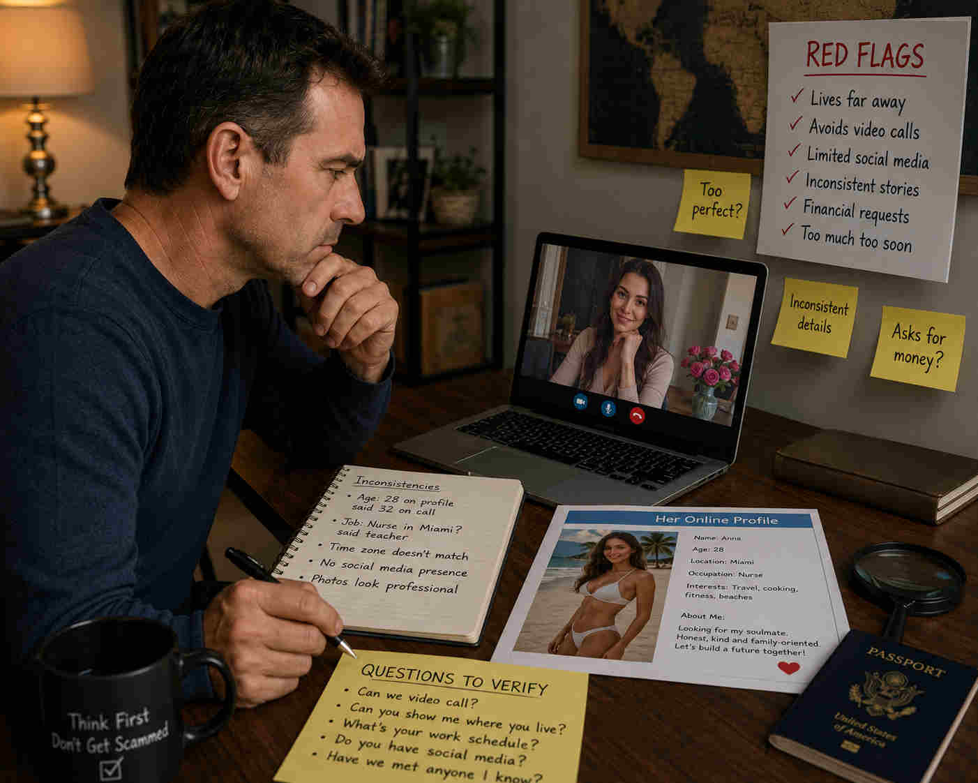 Man calmly checking inconsistencies during an online dating video call