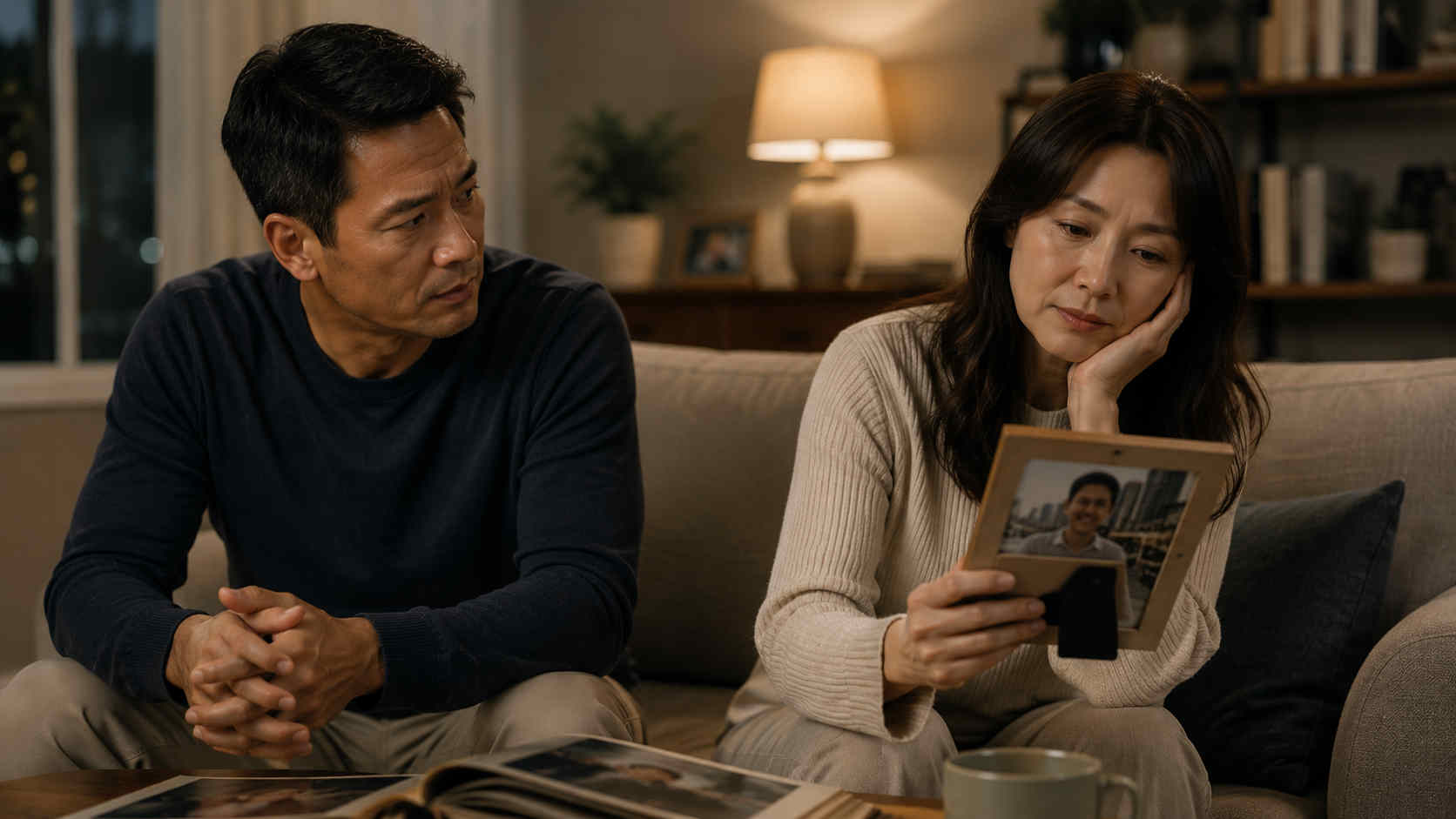 A woman holding an old framed photo while a man looks concerned beside her