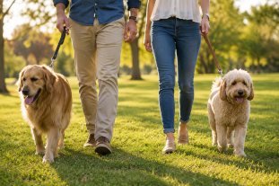 Divorced man dating again after divorce while walking dogs in a park