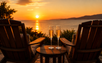 Romantic sunset seaside chairs representing choosing better after divorce