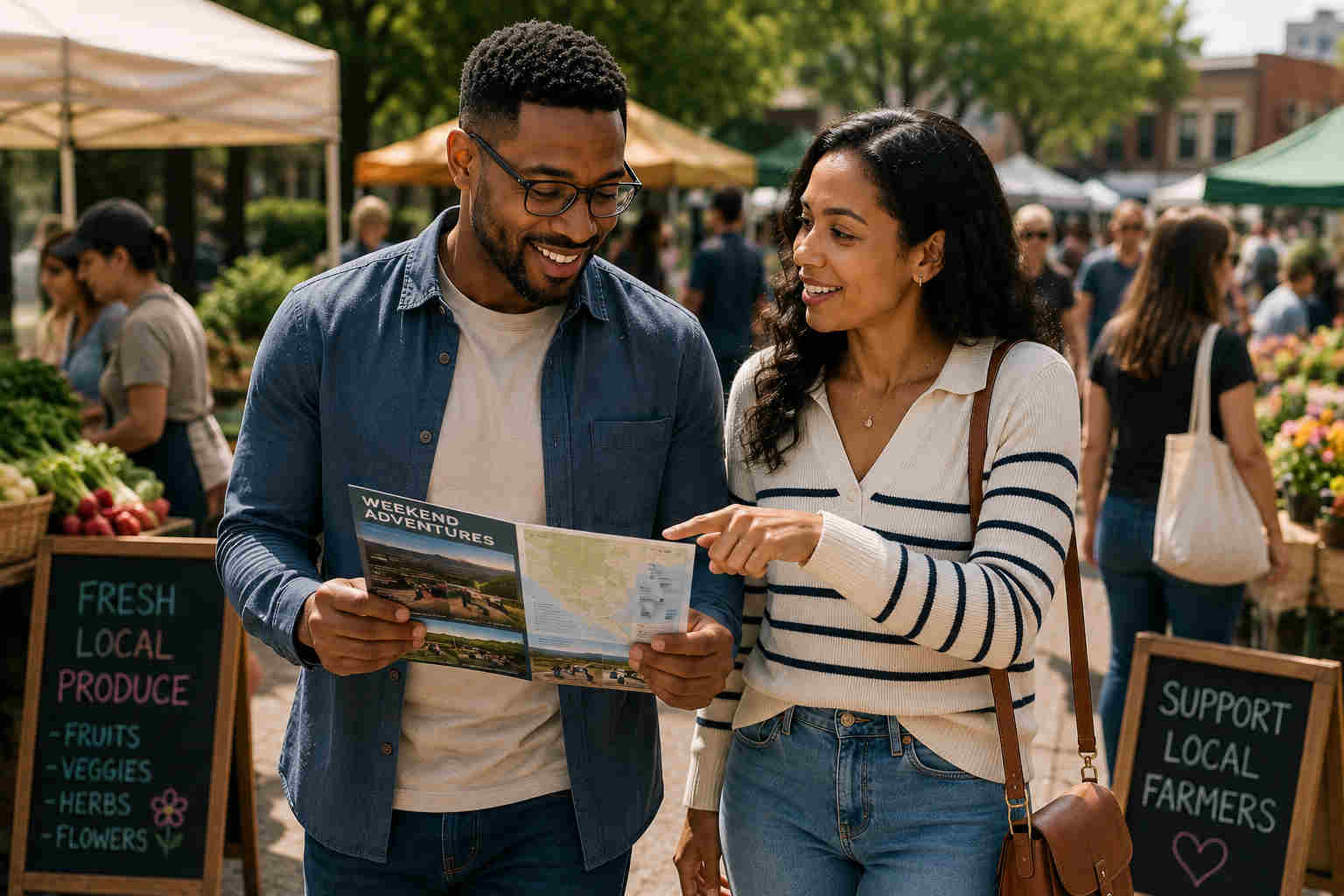 Couple at a farmers market discussing a brochure for future activities
