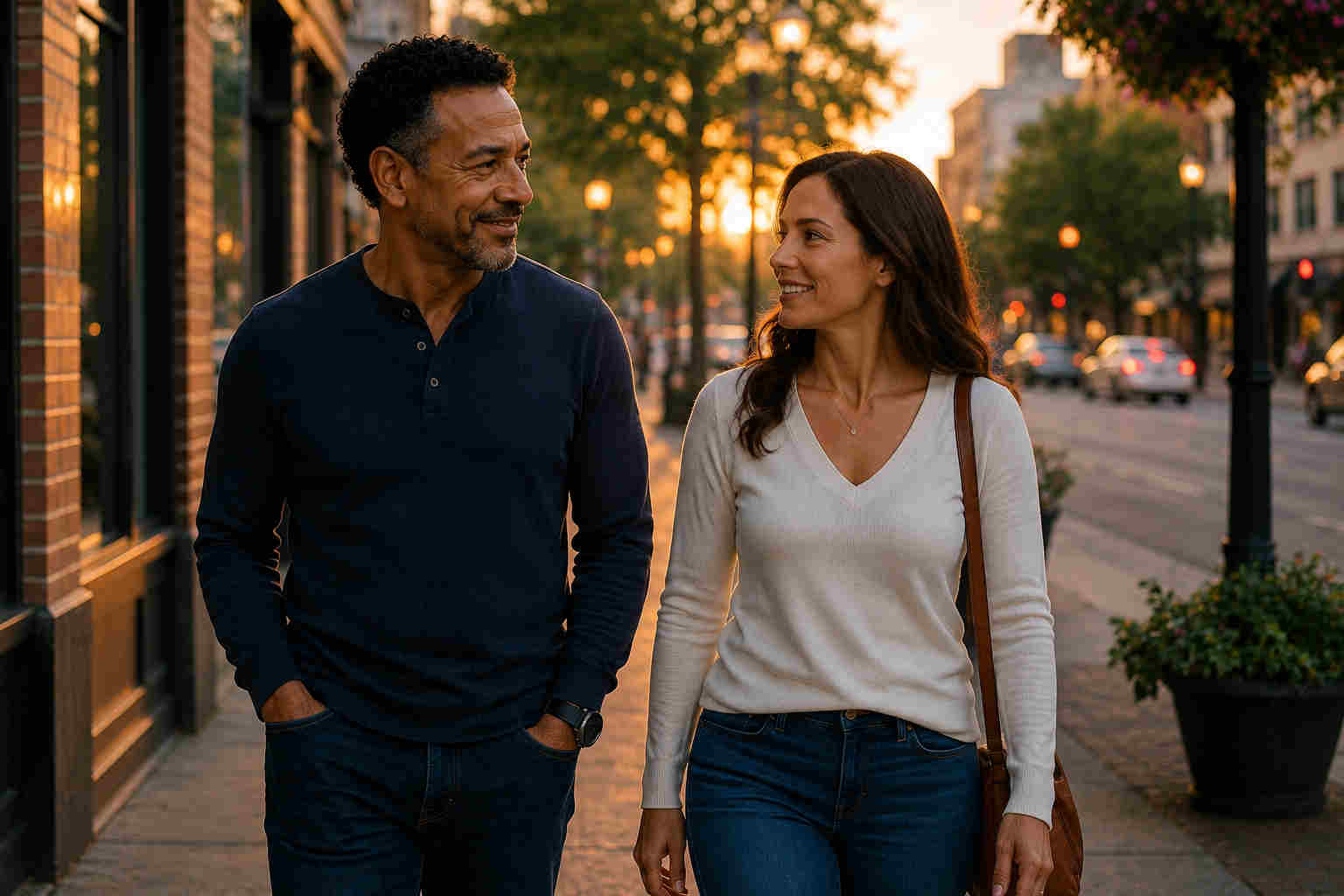 Latino man and woman walking through a downtown street at sunset after divorce