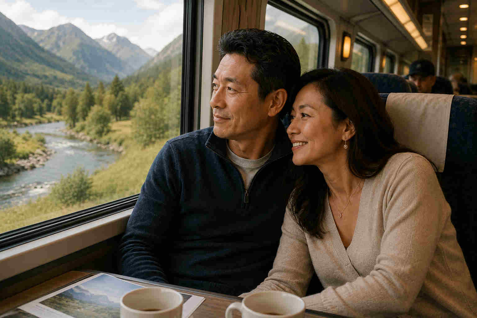 Asian couple in their 50s riding a scenic passenger train and enjoying companionship