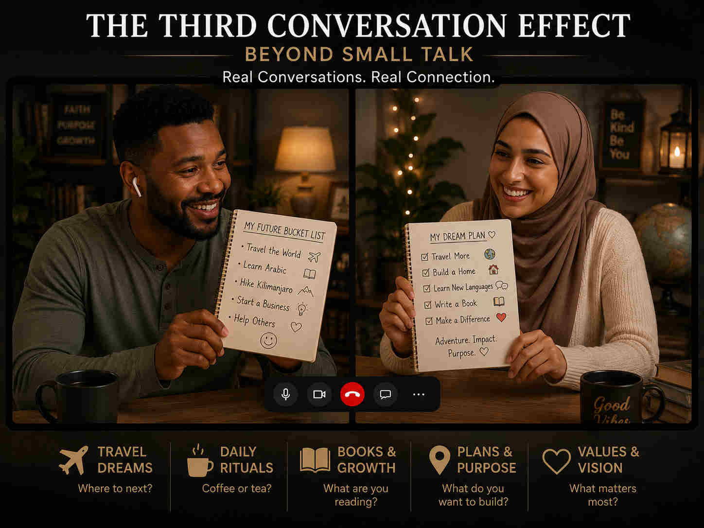Man and woman on a split screen video call showing notebooks and discussing future plans beyond small talk