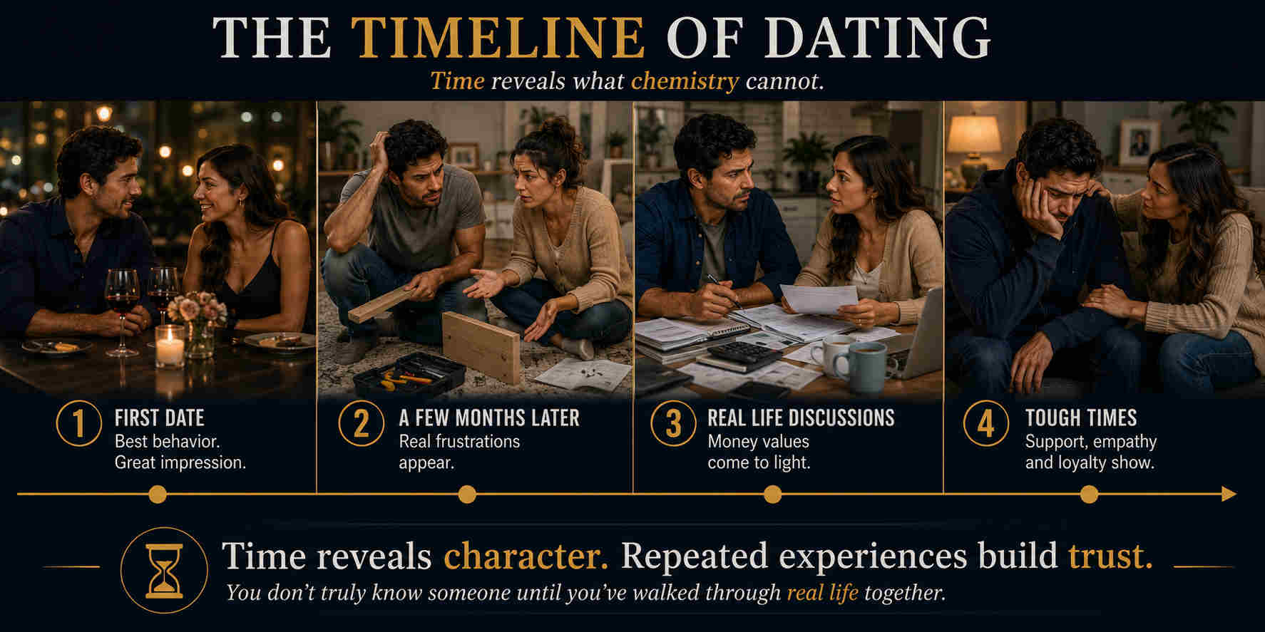 A timeline of dating showing how time reveals character, conflict style, money values, and support during difficult moments