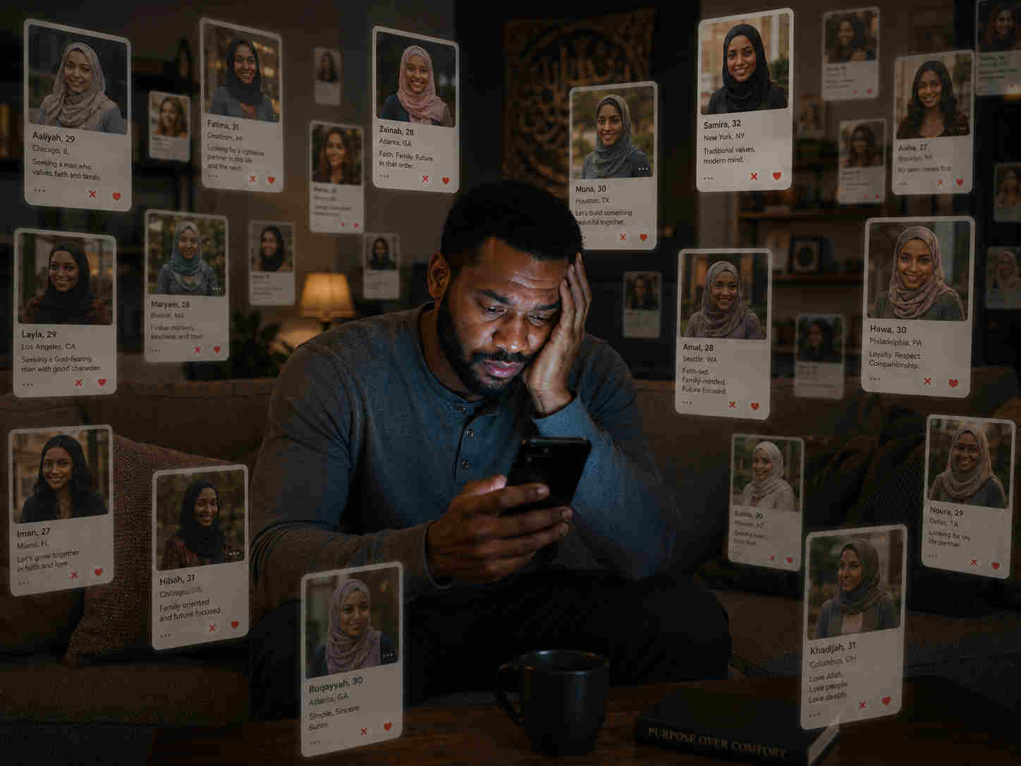 Man overwhelmed by endless dating profile cards floating around him while using his phone