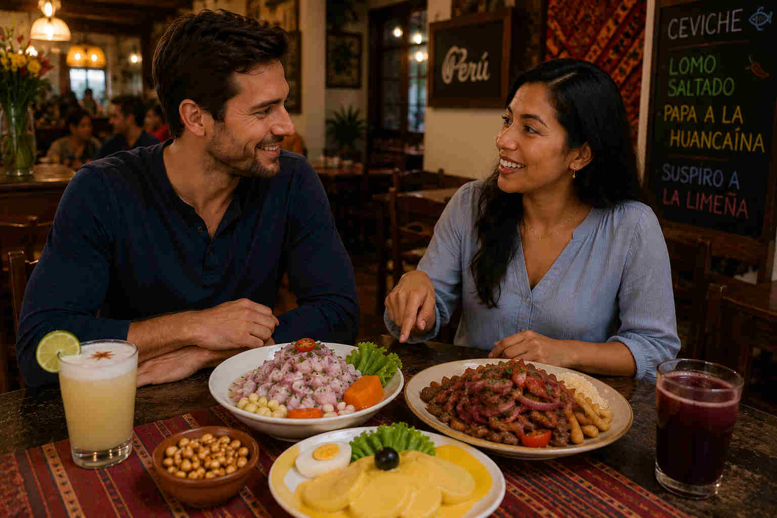 A couple in a traditional Peruvian restaurant enjoying ceviche, lomo saltado, and papa a la huancaína