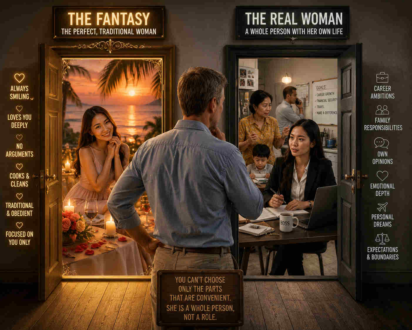 Divorced man comparing the fantasy of a traditional Thai woman with the reality of an individual woman with her own ambitions