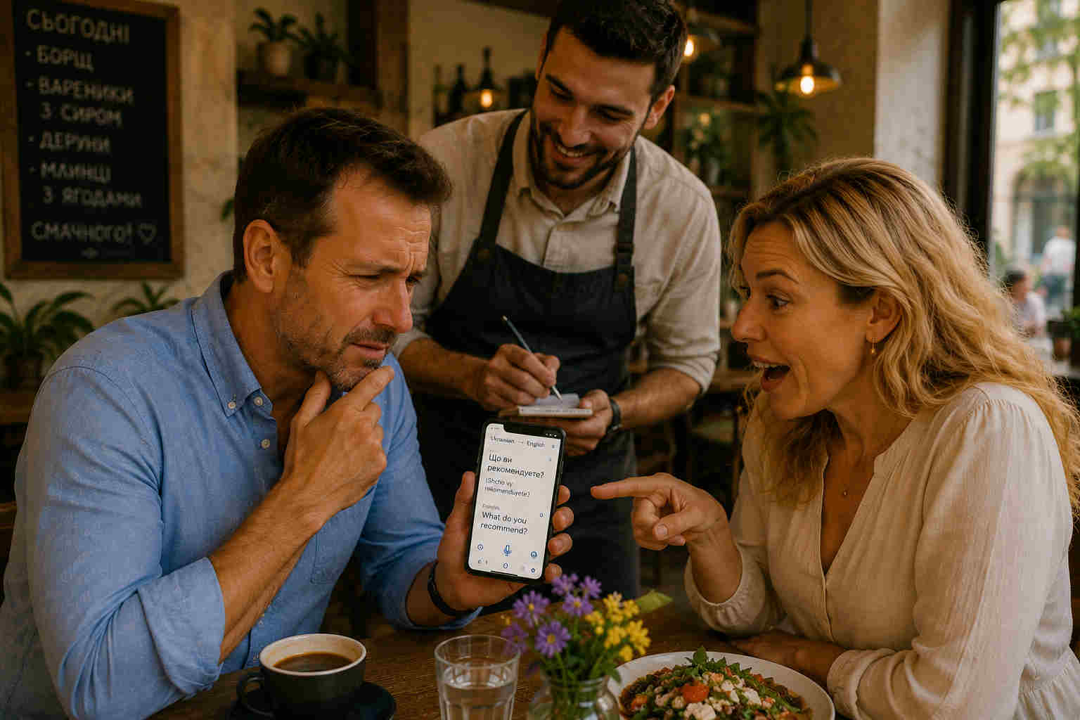 American man and Ukrainian woman using a translation app while ordering food at a local cafe