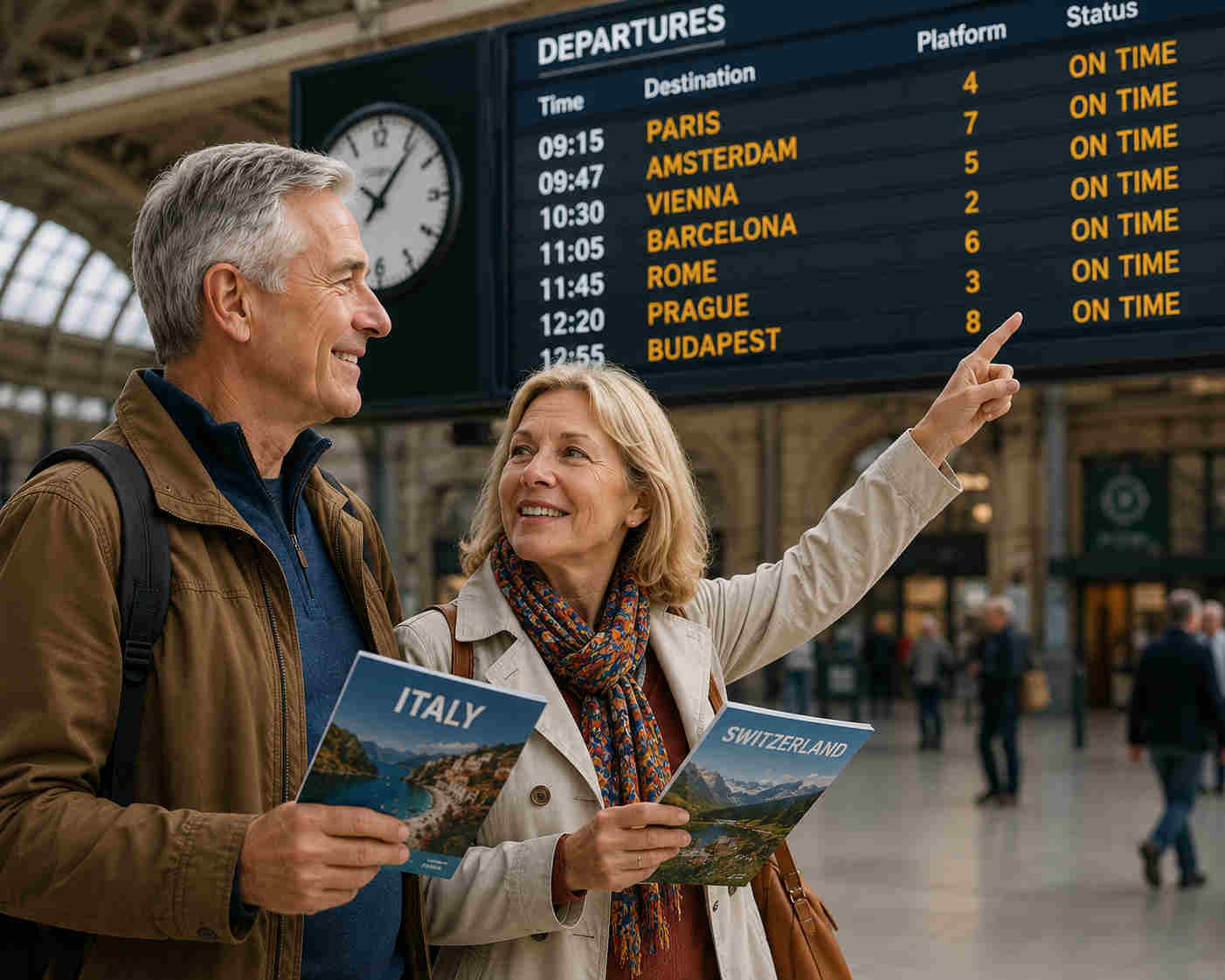Older couple at a train station choosing travel destinations together after divorce