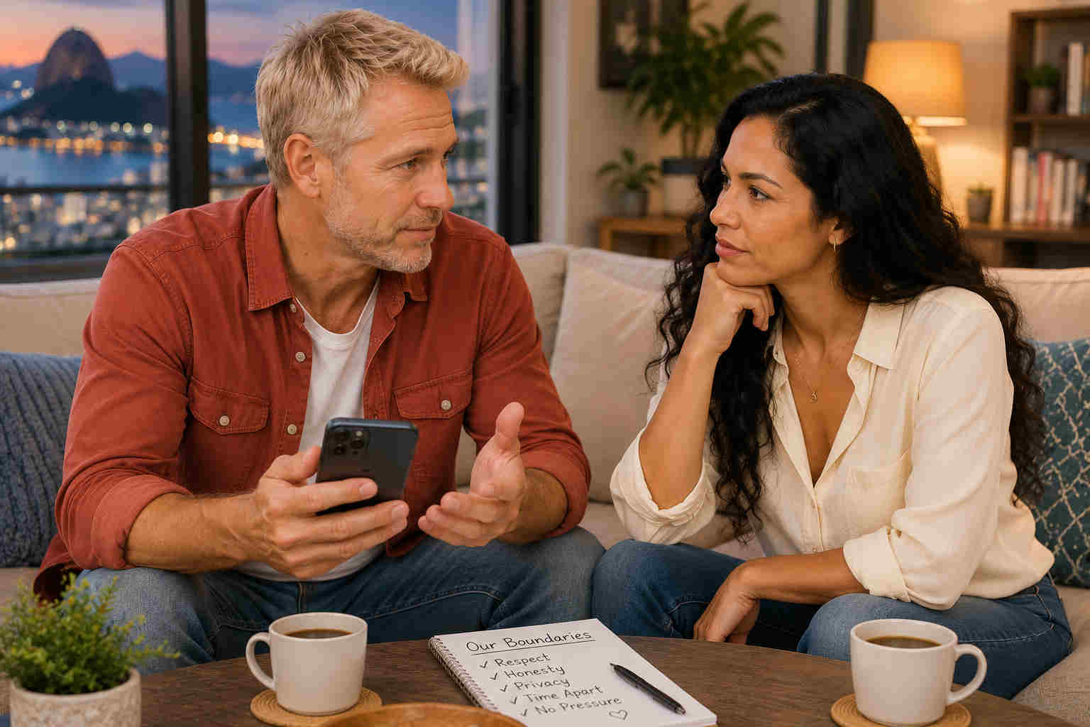 Mature couple calmly discussing social media trust privacy and healthy relationship boundaries