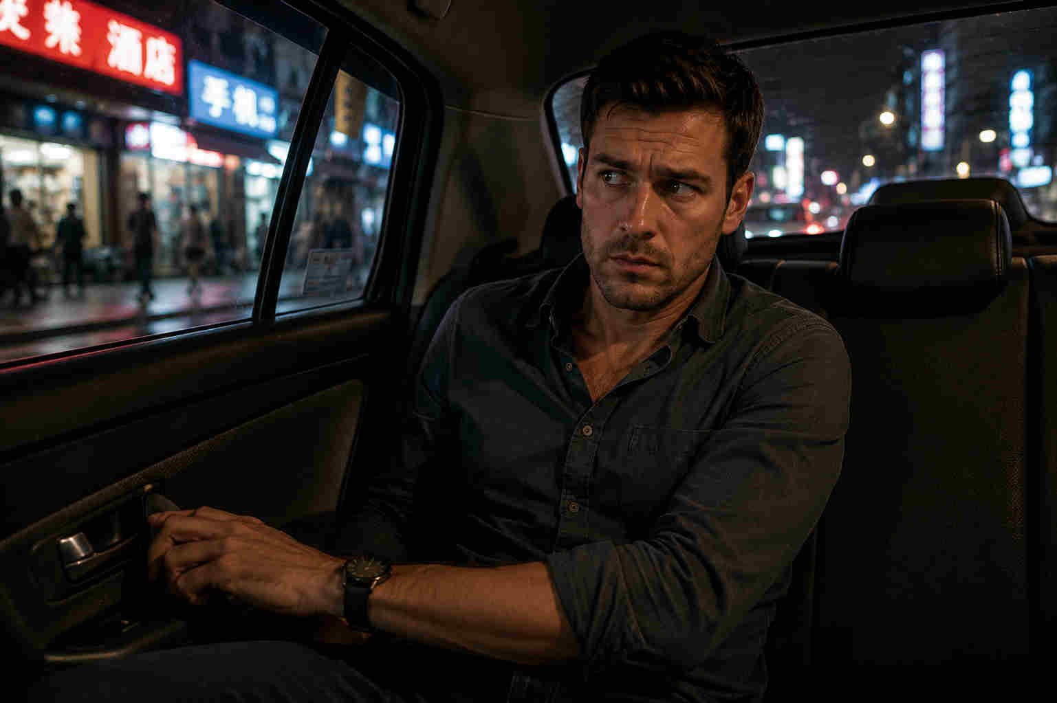Man in the back seat of a car at night trusting his instincts during an overseas date