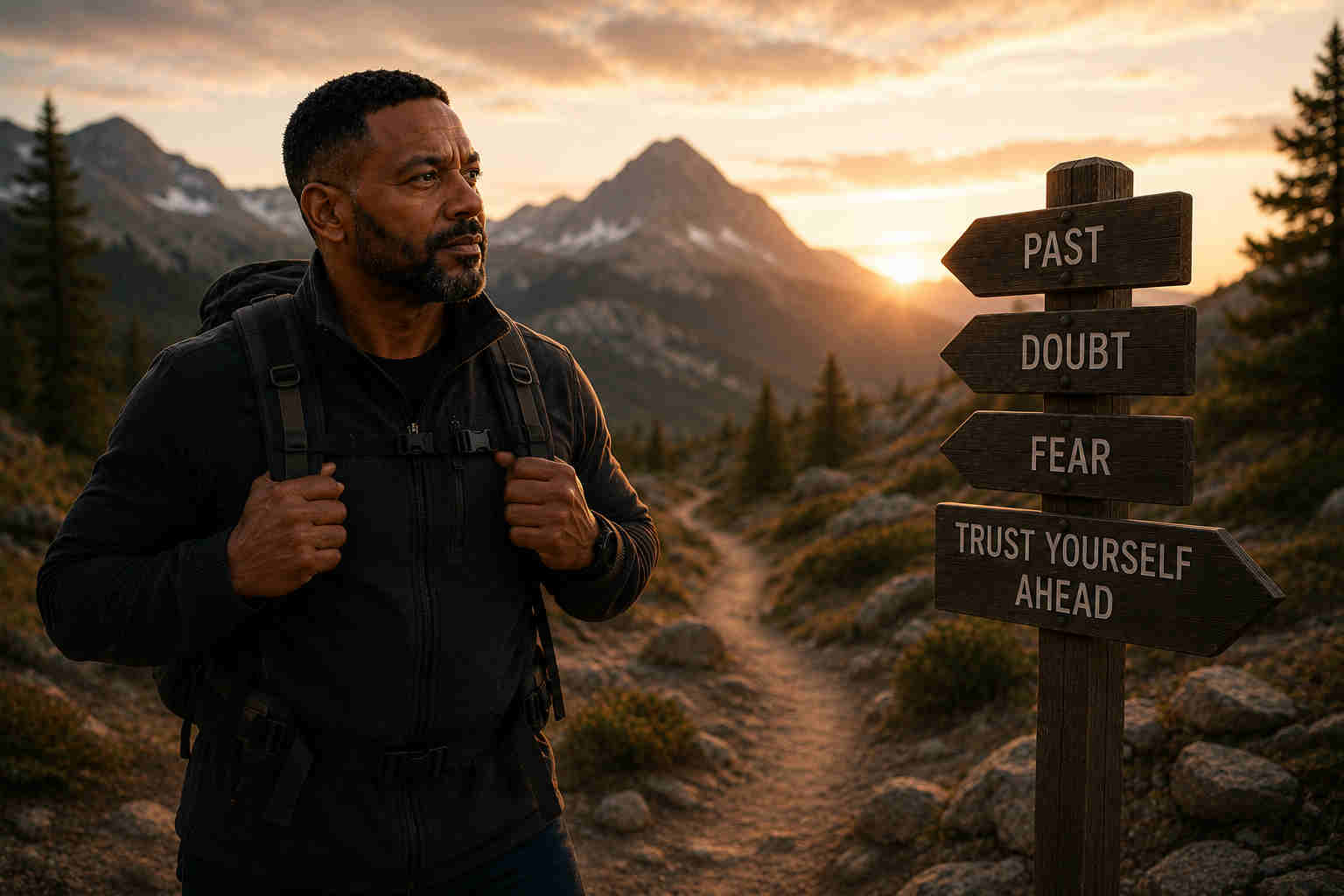 Divorced man standing at a mountain trail marker choosing trust over fear and doubt