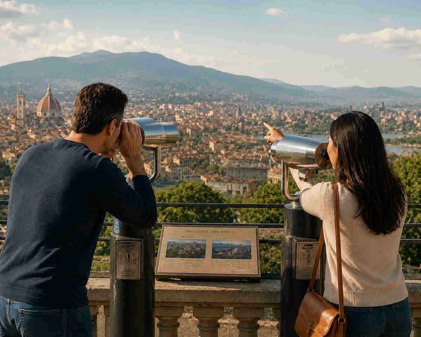A cross-cultural couple looks through two observation telescopes at different city landmarks from a scenic overlook, symbolizing how different perspectives can strengthen a healthy relationship after divorce.
