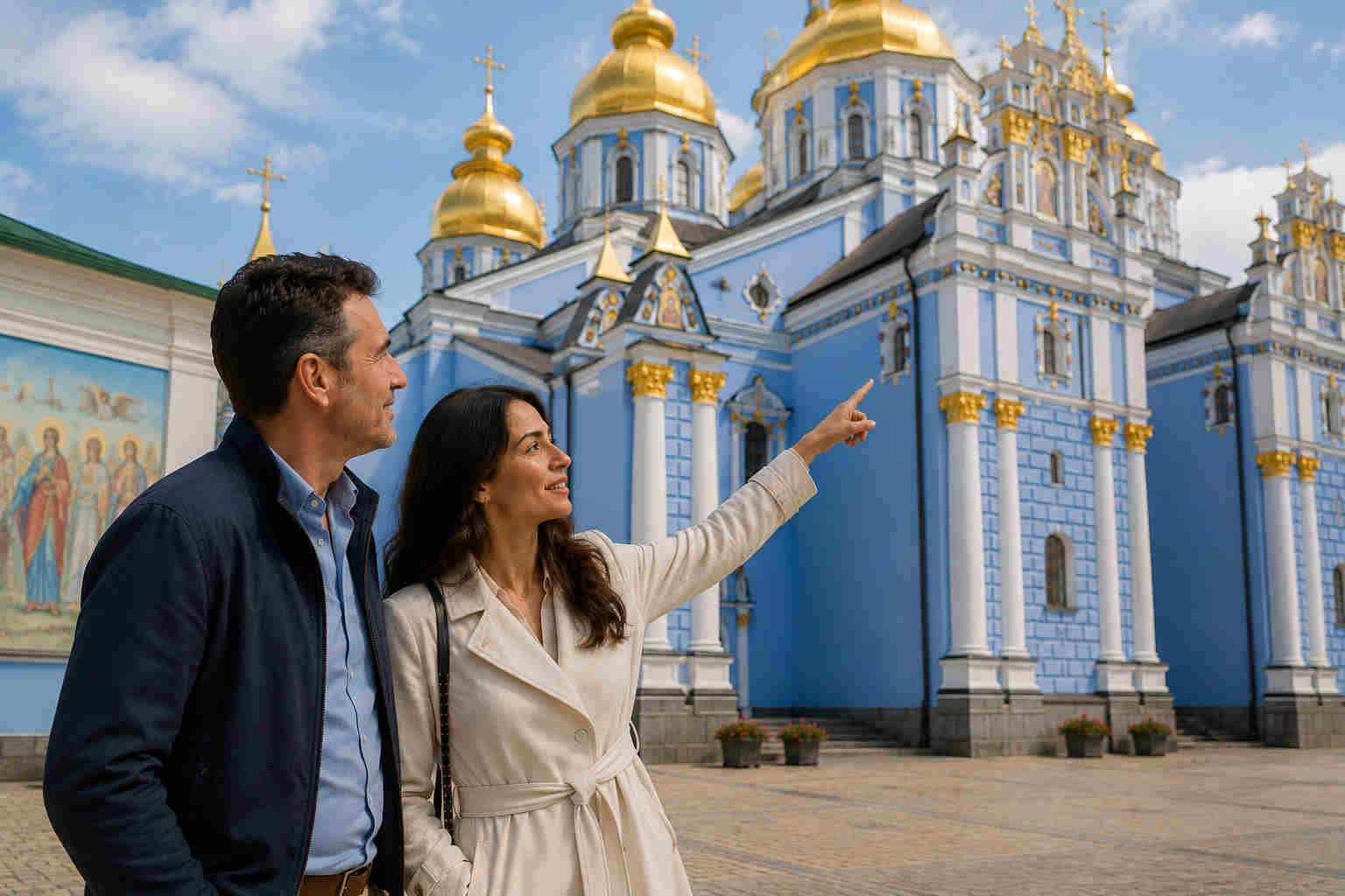 Couple learning about St Michaels Golden Domed Monastery in Kyiv
