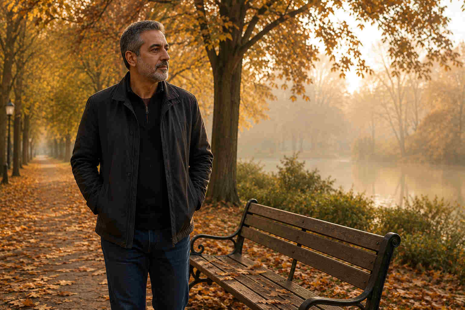 A Middle Eastern man in his fifties standing beside an empty park bench on an autumn path, reflecting on grief after divorce