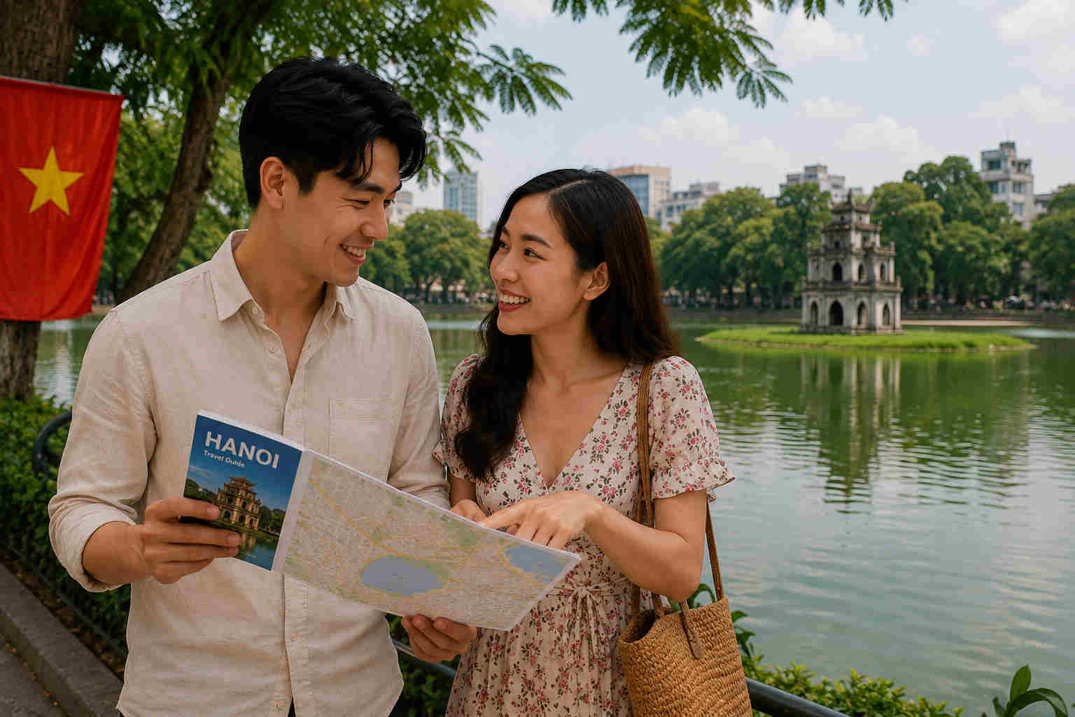 Couple overlooking Hoan Kiem Lake in Hanoi with a guidebook and map