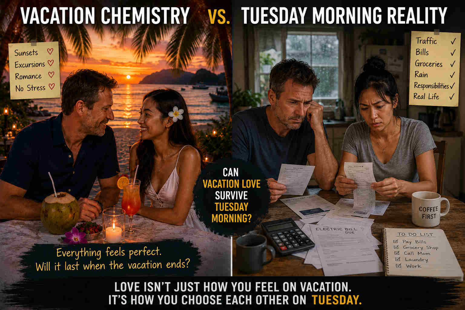 American man and Thai woman comparing vacation romance in Thailand with the responsibilities of everyday life