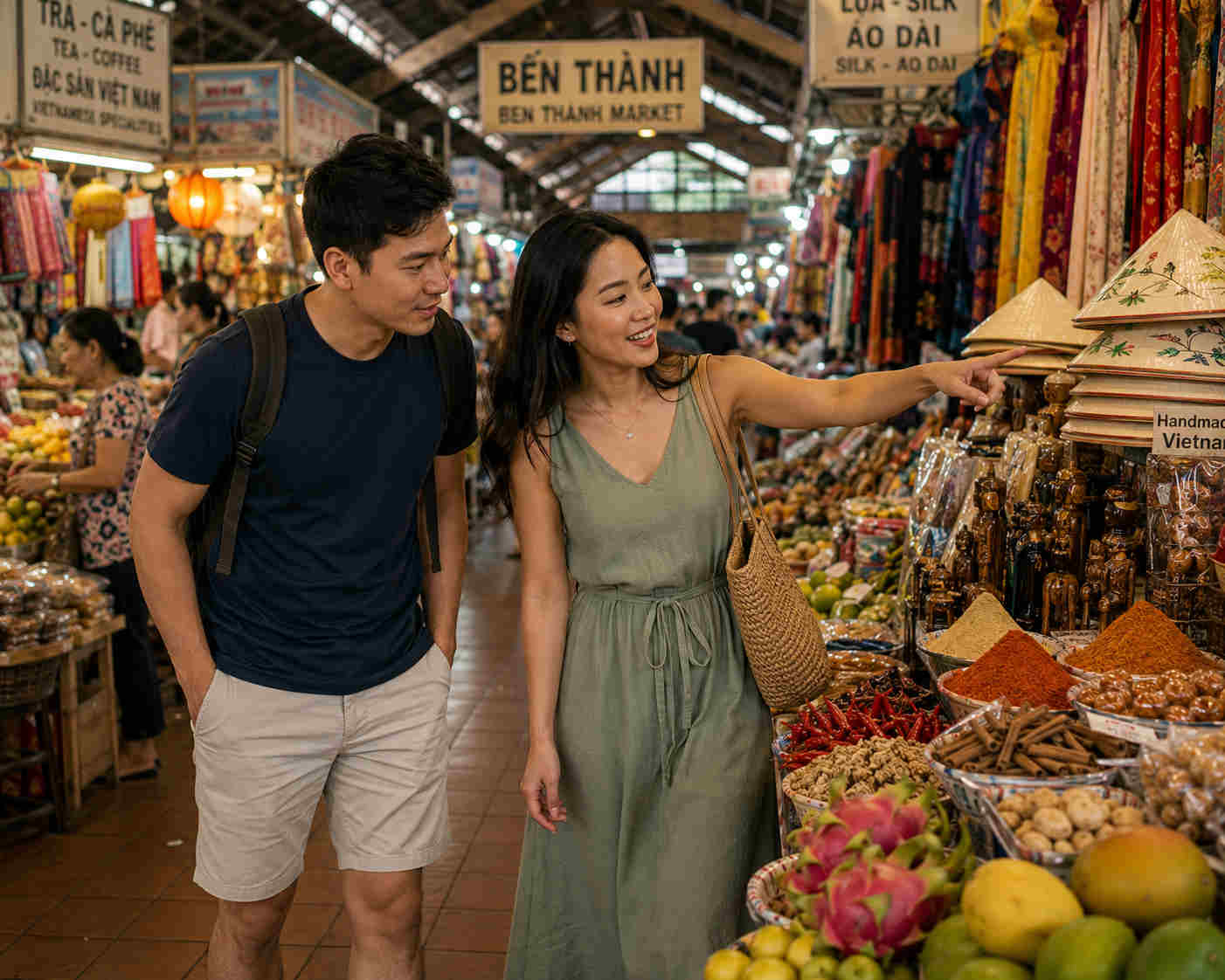 Couple exploring Ben Thanh Market while learning about Vietnamese food silk and crafts