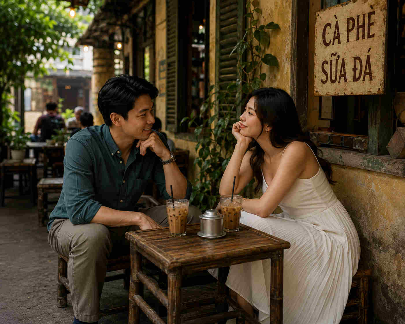 Couple enjoying Vietnamese iced coffee at a traditional Vietnamese cafe