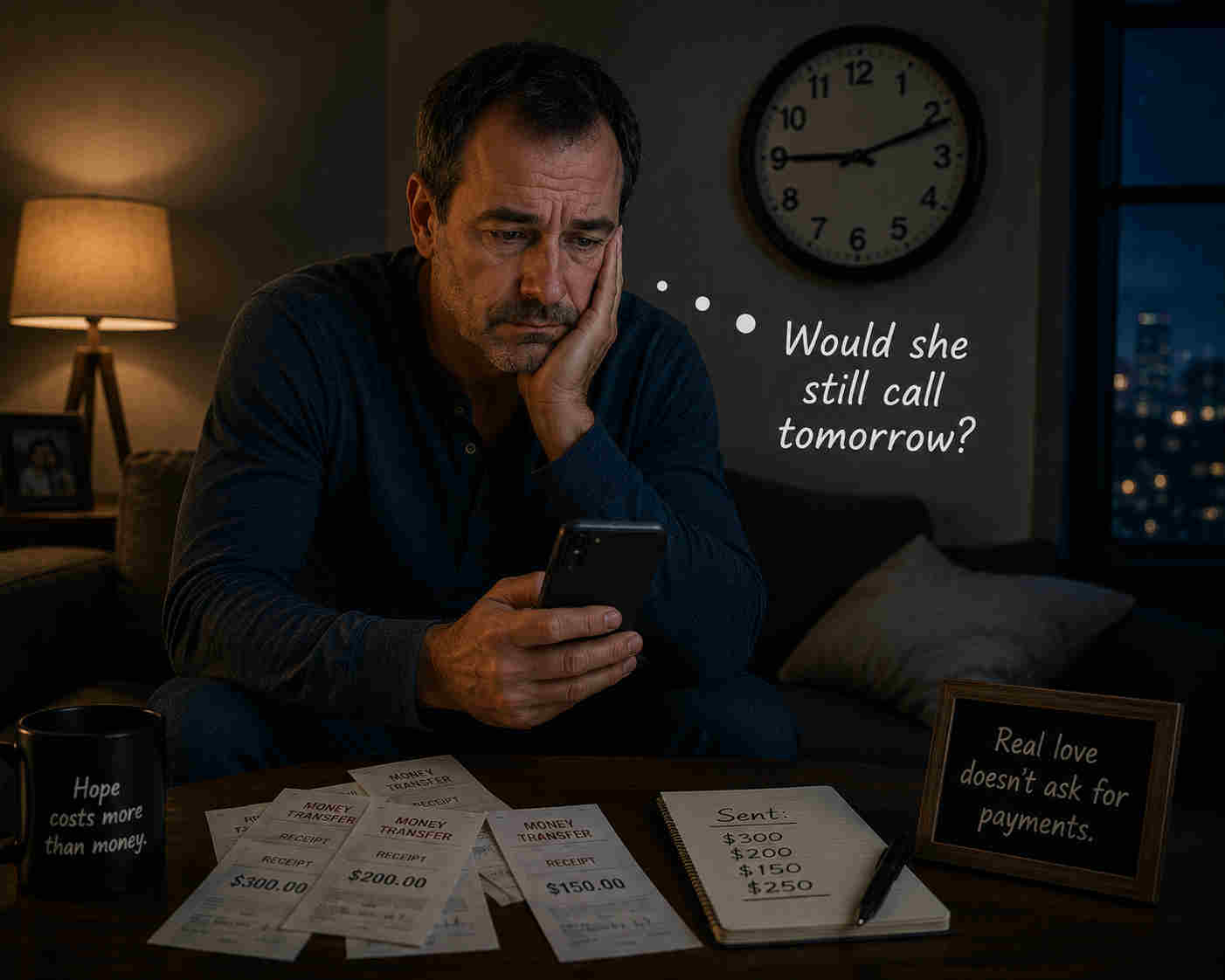 Man staring at a silent phone after sending money to someone he met online