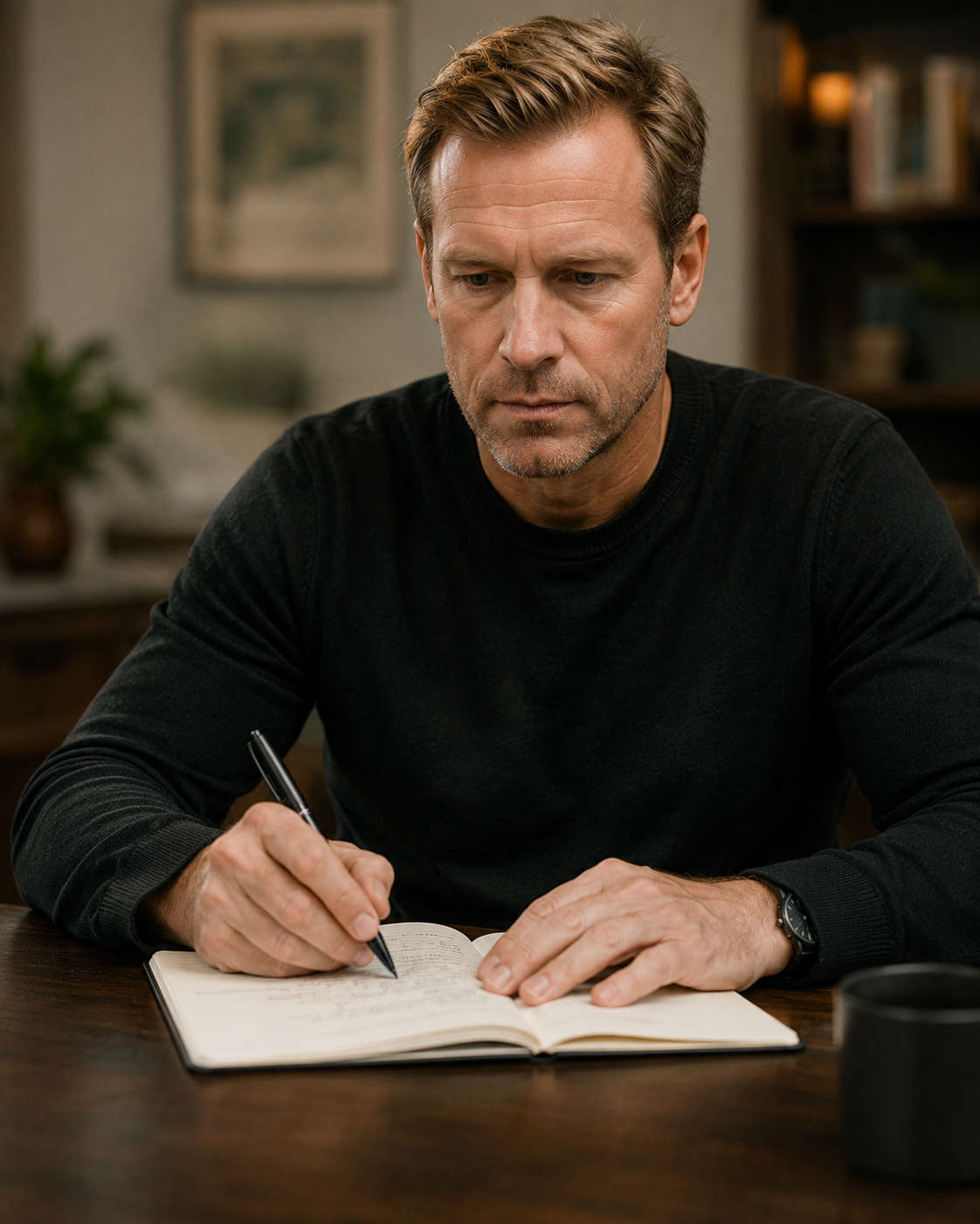 Man writing in a notebook while planning his next chapter