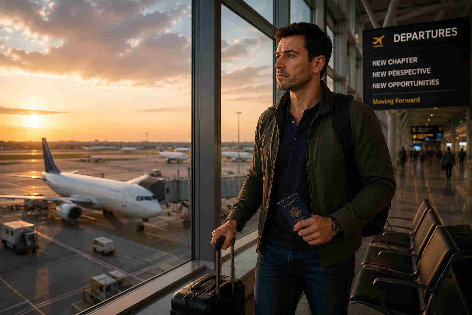 Divorced man calmly leaving an unsuccessful overseas relationship from an international airport